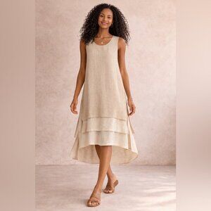 Kaliyana Artwear Linen Lagenlook Layered Midi Dress Neutral Size M/L Boho Hippie